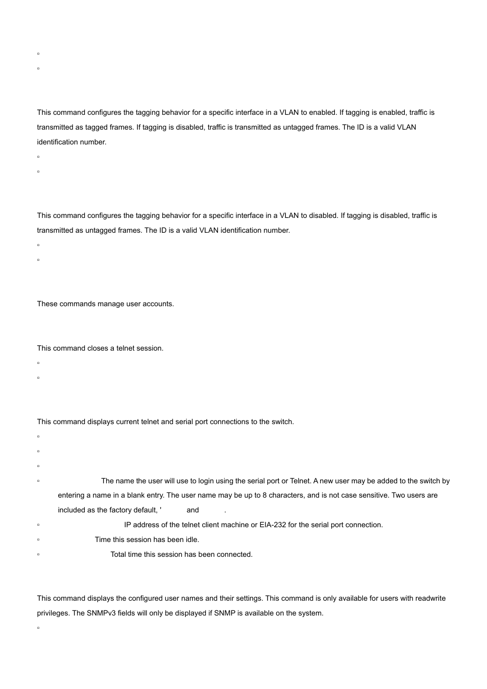 79 vlan tagging, 7 user account management commands, 1 disconnect | 2 show loginsession, 3 show users | PLANET WGS3-2820 User Manual | Page 374 / 528