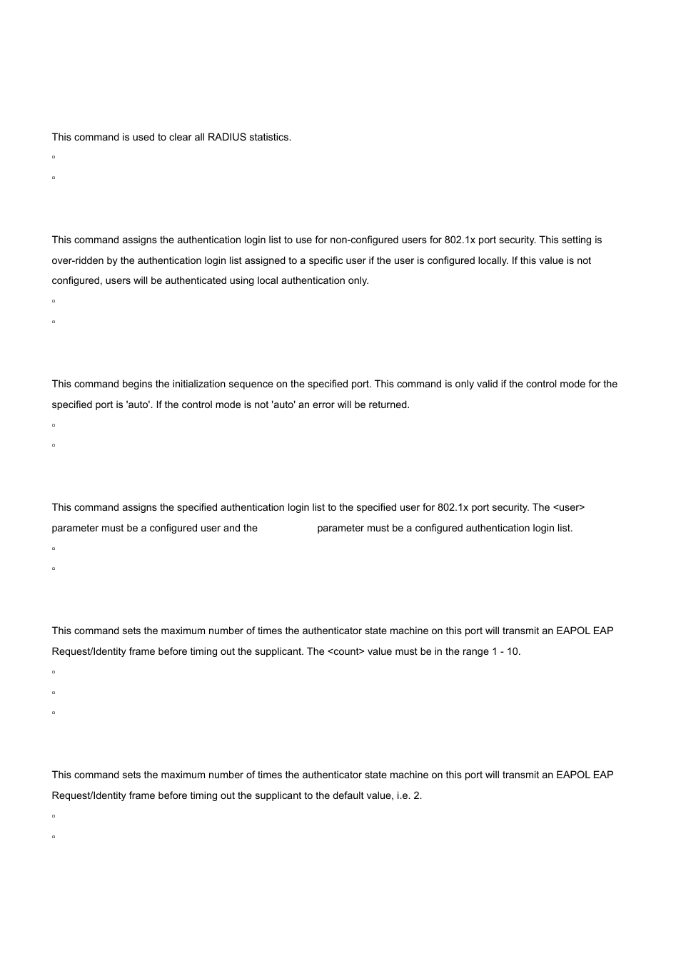 3 clear radius statistics, 4 dot1x defaultlogin, 5 dot1x initialize | 6 dot1x login, 7 dot1x max-req | PLANET WGS3-2820 User Manual | Page 405 / 528