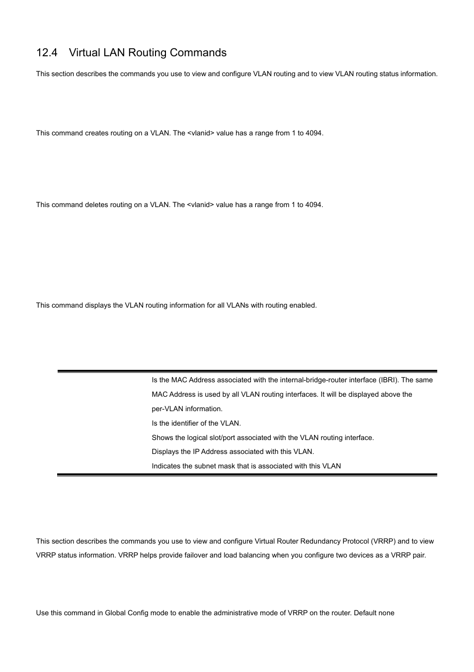4 virtual lan routing commands, 1 vlan routing, 2 show ip vlan | 5 virtual router redundancy protocol commands, 1 ip vrrp (global config) | PLANET WGS3-2820 User Manual | Page 445 / 528