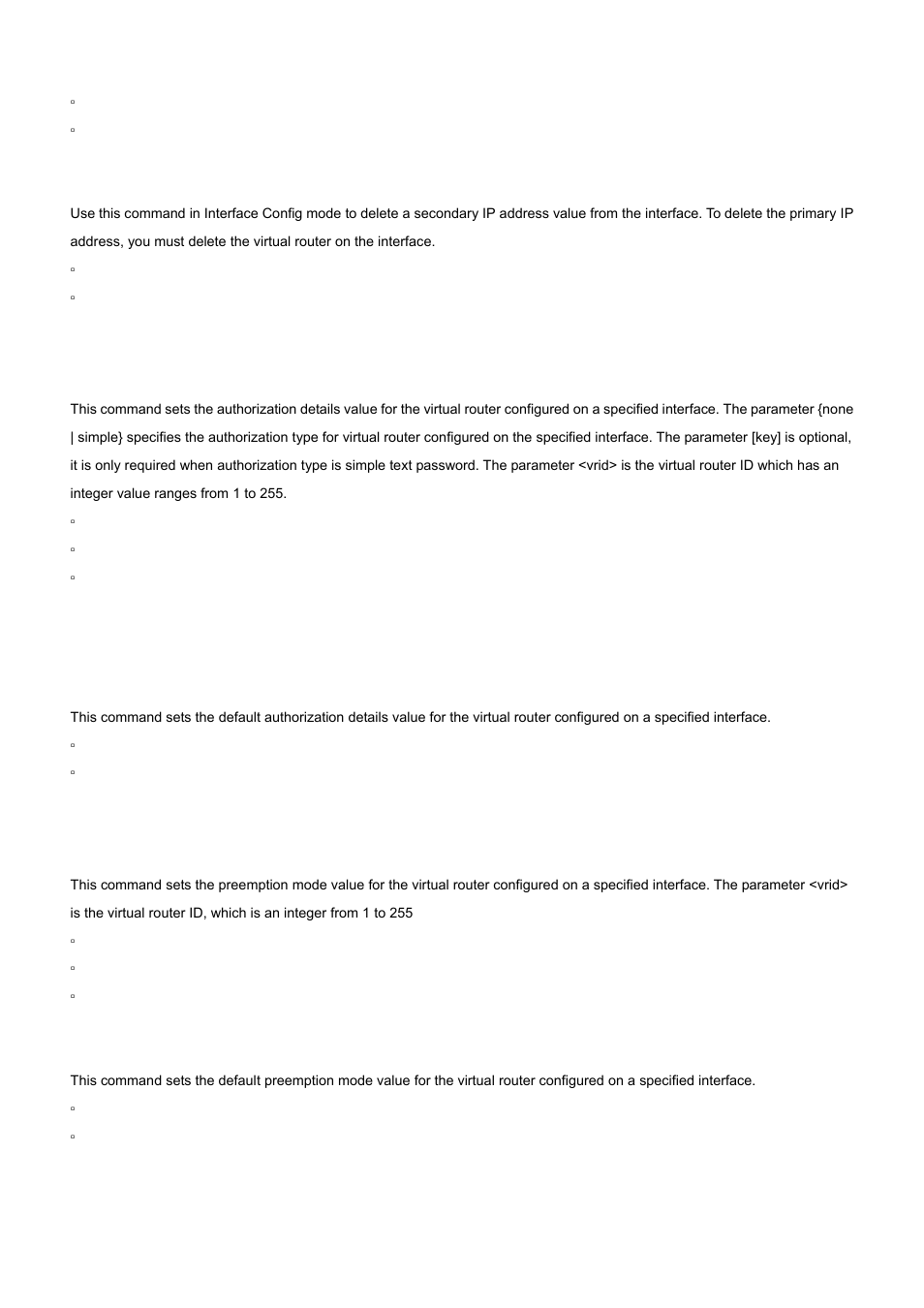 5 ip vrrp authentication, 6 ip vrrp preempt, 1 no ip vrrp ip | 1 no ip vrrp authentication, 1 no ip vrrp preempt | PLANET WGS3-2820 User Manual | Page 447 / 528