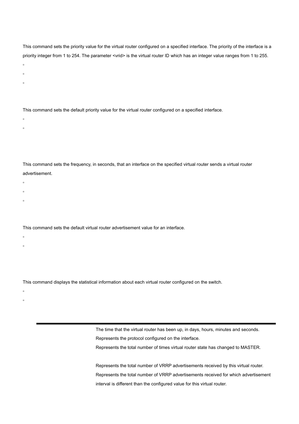 7 ip vrrp priority, 8 ip vrrp timers advertise, 9 show ip vrrp interface stats | 1 no ip vrrp priority, 1 no ip vrrp timers advertise | PLANET WGS3-2820 User Manual | Page 448 / 528