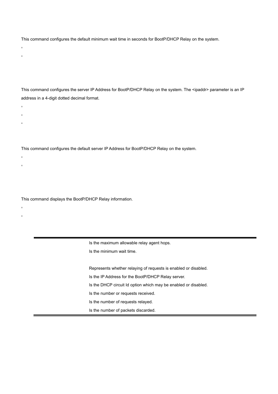 5 bootpdhcprelay serverip, 6 show bootpdhcprelay, 1 no bootpdhcprelay minwaittime | 1 no bootpdhcprelay serverip | PLANET WGS3-2820 User Manual | Page 452 / 528