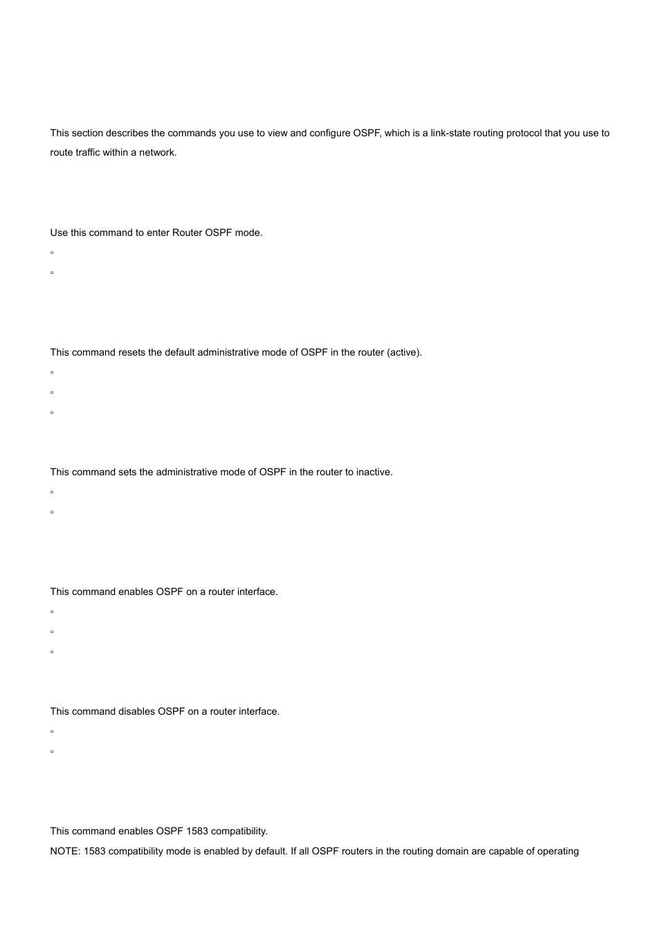 7 open shortest path first (ospf) commands, 1 router ospf, 2 enable (ospf) | 3 ip ospf, 4 1583compatibility, No enable (ospf), No ip ospf | PLANET WGS3-2820 User Manual | Page 453 / 528