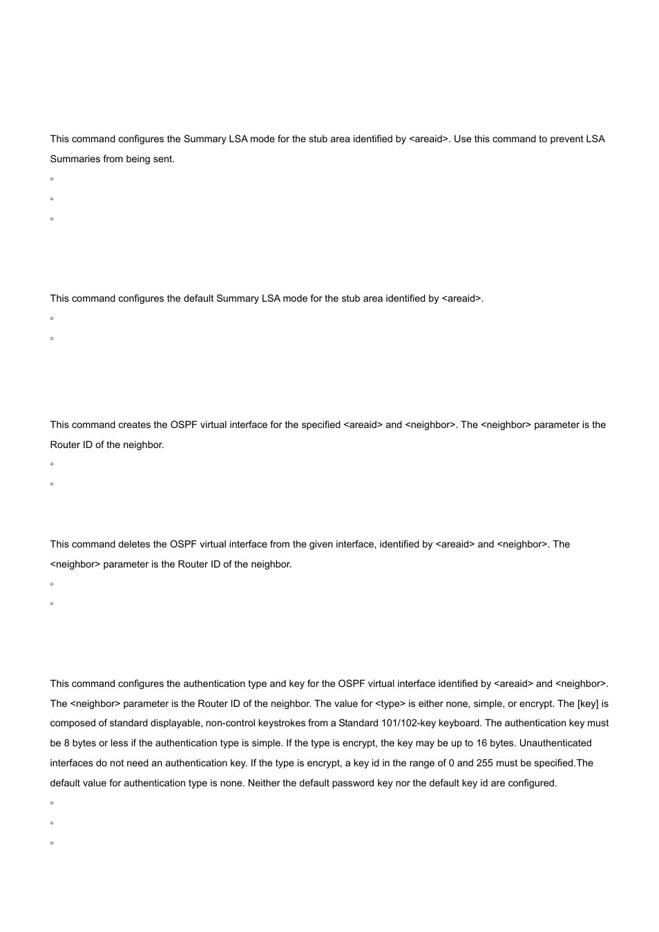 14 area stub no-summary (ospf), 15 area virtual-link (ospf), 16 area virtual-link authentication | No area stub no-summary, No area virtual-link | PLANET WGS3-2820 User Manual | Page 457 / 528