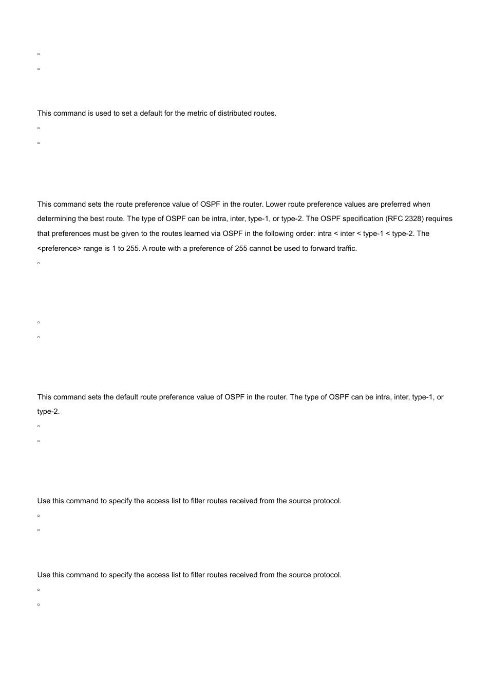 23 distance ospf (ospf), 24 distribute-list out (ospf), No default-metric (ospf) | No distance ospf, No distribute-list out | PLANET WGS3-2820 User Manual | Page 460 / 528