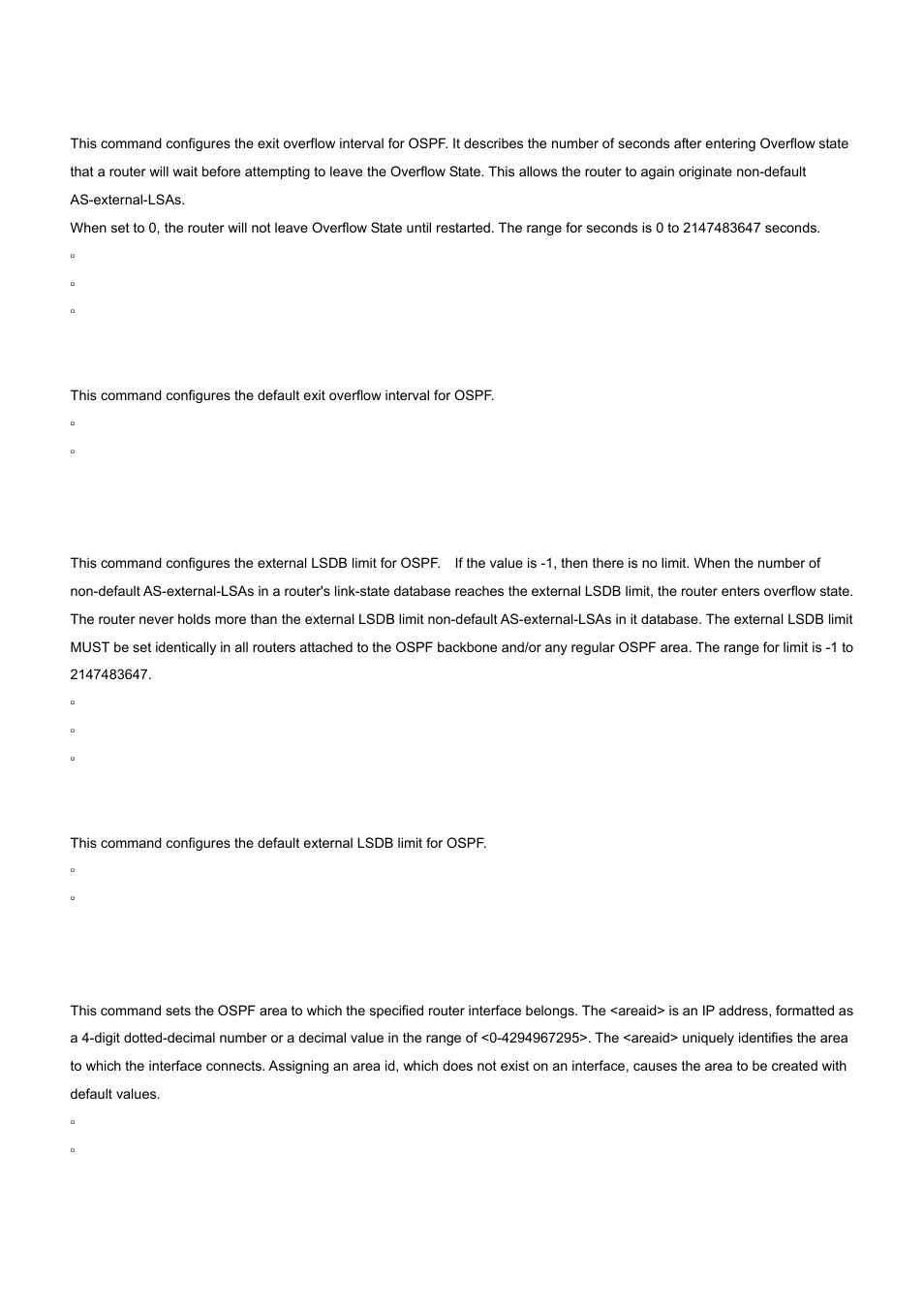 25 exit-overflow-interval (ospf), 26 external-lsdb-limit (ospf), 27 ip ospf areaid | No exit-overflow-interval, No external-lsdb-limit | PLANET WGS3-2820 User Manual | Page 461 / 528