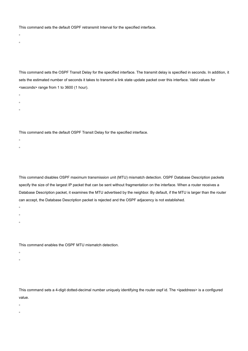 34 ip ospf transmit-delay, 35 ip ospf mtu-ignore, 36 router-id (ospf) | No ip ospf transmit-delay, No ip ospf mtu-ignore | PLANET WGS3-2820 User Manual | Page 464 / 528