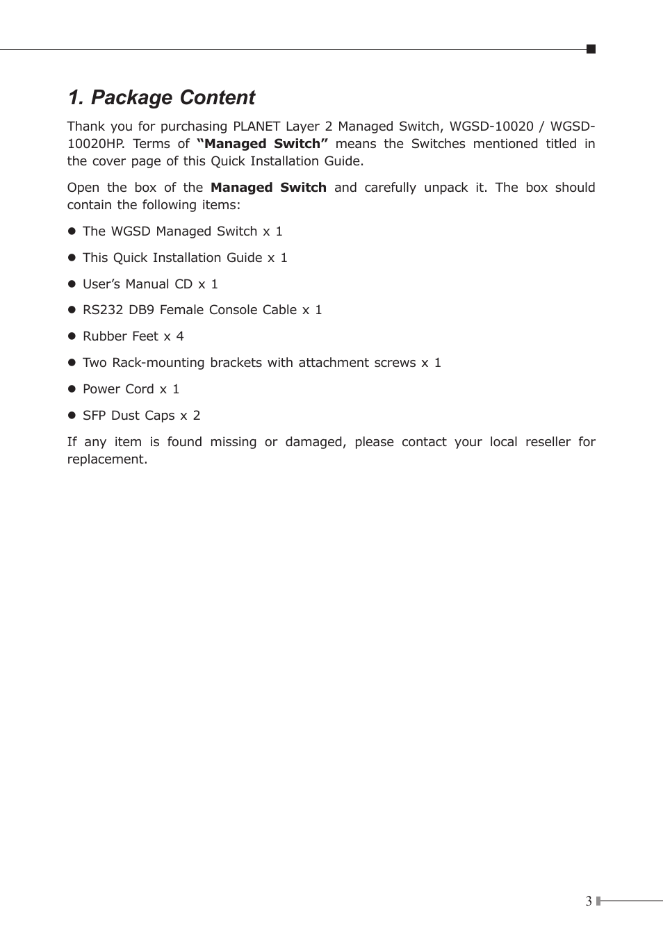 Package content | PLANET WGSD-10020 User Manual | Page 3 / 12