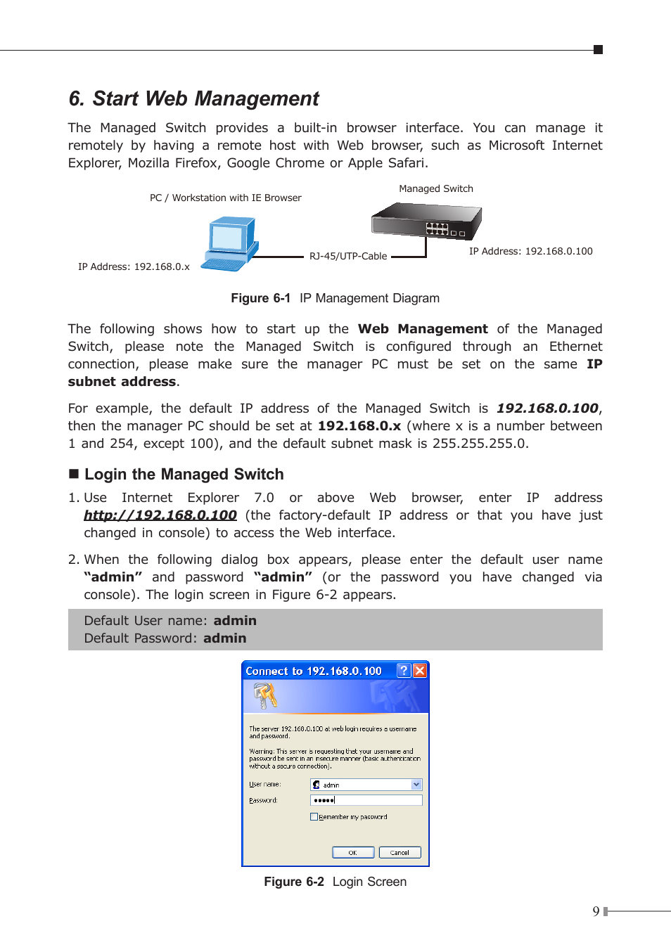 Start web management, Login the managed switch | PLANET WGSD-10020 User Manual | Page 9 / 12
