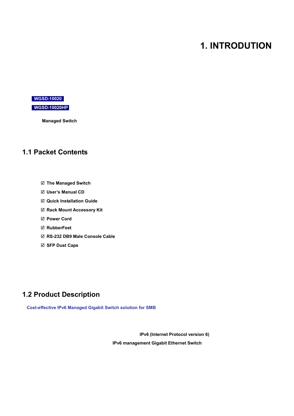 Introdution, 1 packet contents, 2 product description | PLANET WGSD-10020 User Manual | Page 20 / 556