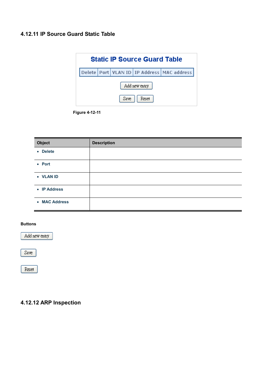 11 ip source guard static table, 12 arp inspection | PLANET WGSD-10020 User Manual | Page 273 / 556