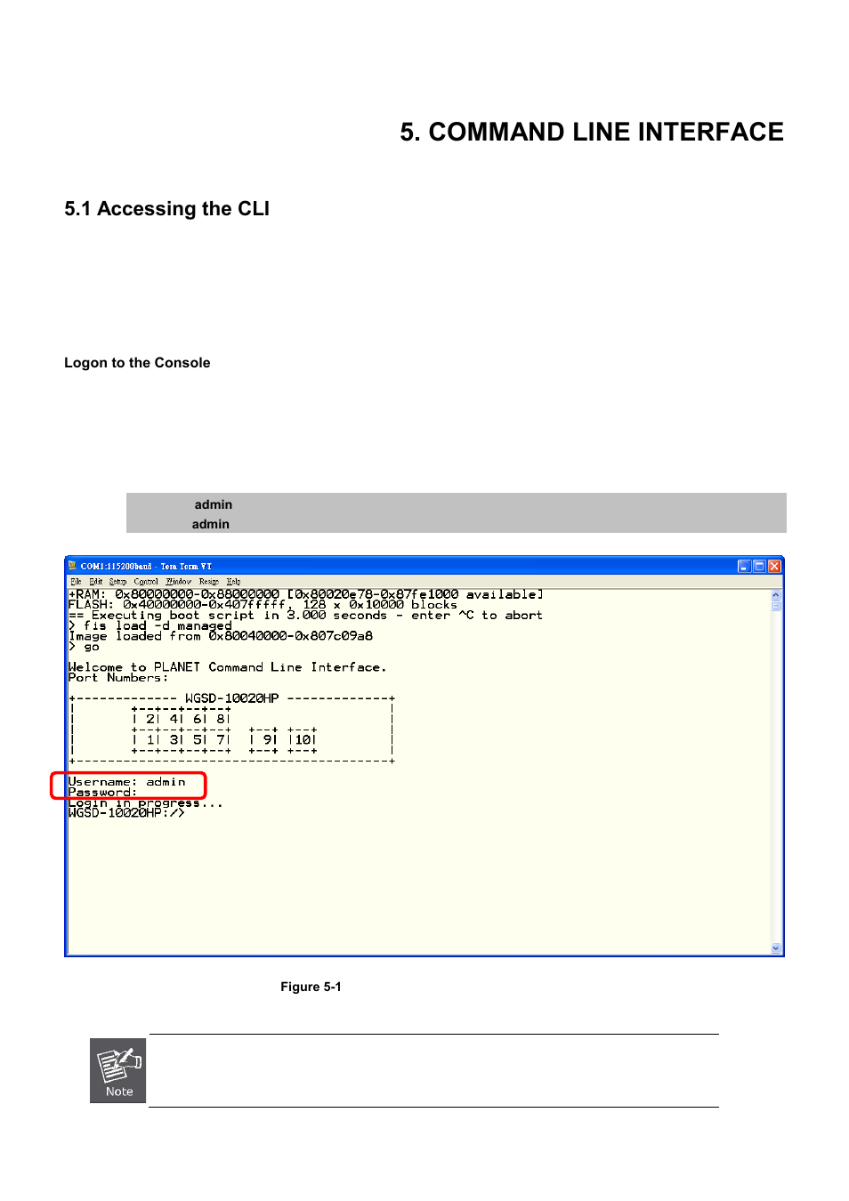 Command line interface, 1 accessing the cli, Logon to the console | PLANET WGSD-10020 User Manual | Page 317 / 556