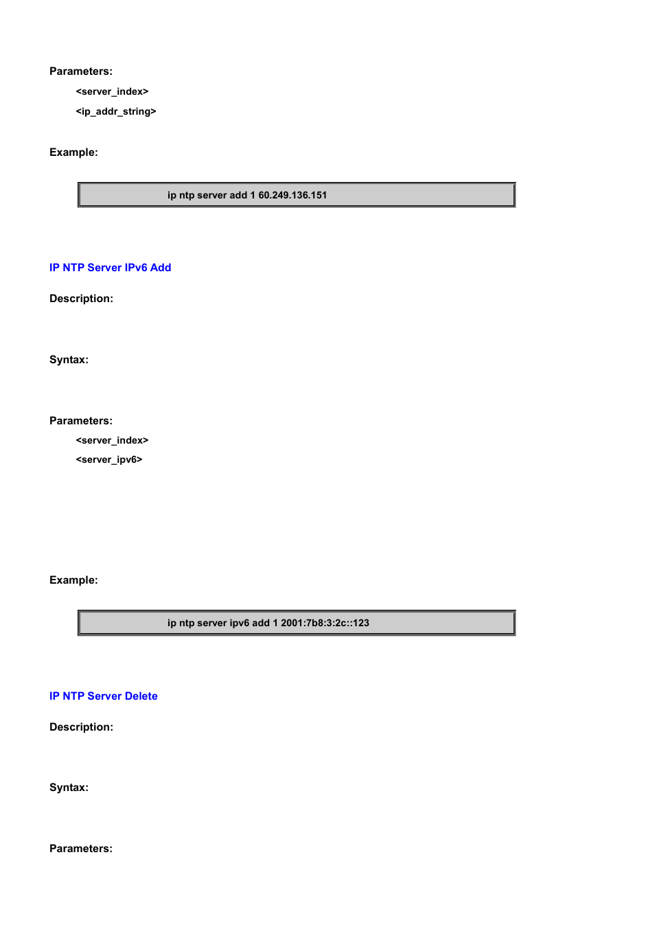 Ip ntp server ipv6 add, Ip ntp server delete | PLANET WGSD-10020 User Manual | Page 337 / 556