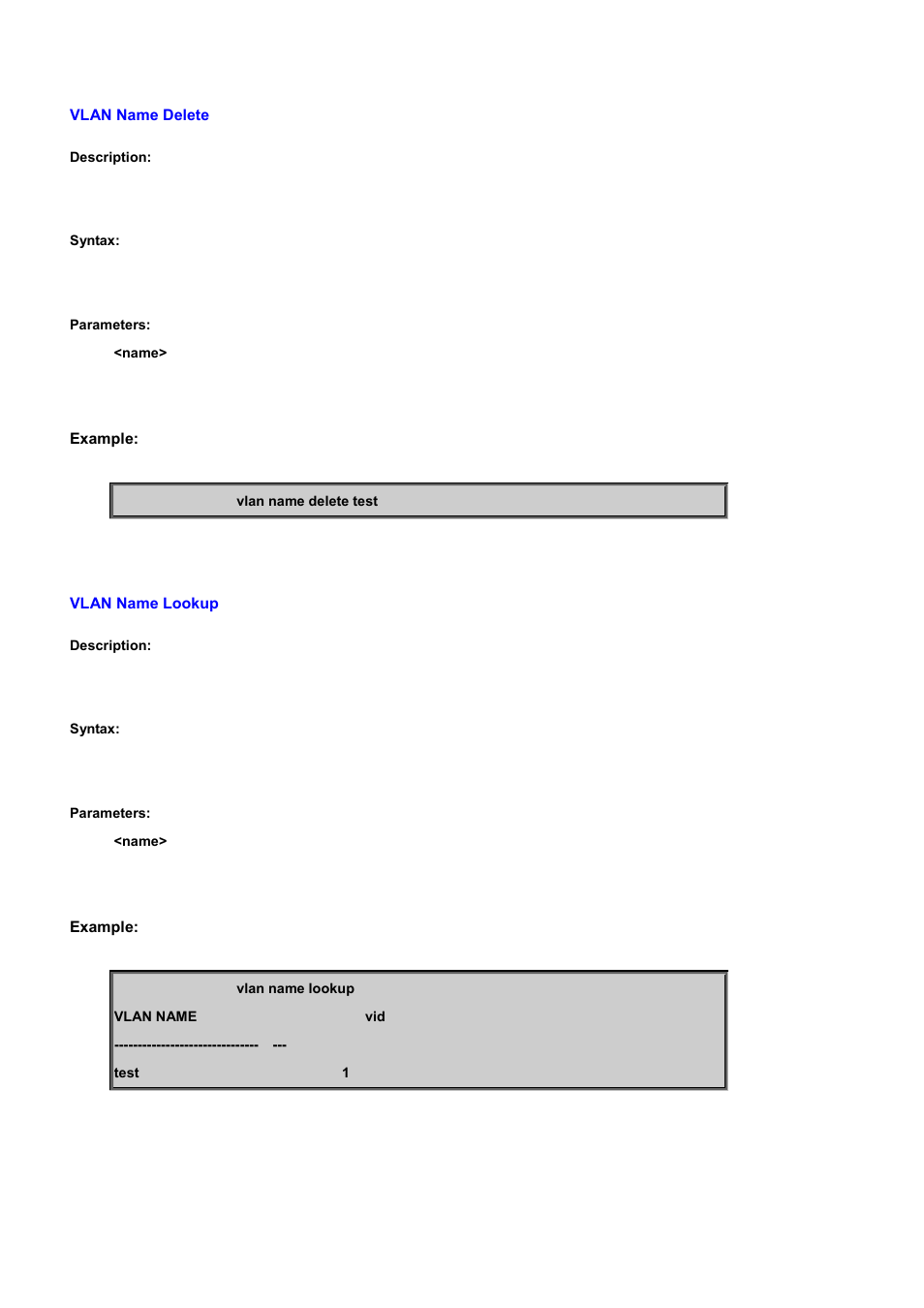 Vlan name delete, Vlan name lookup | PLANET WGSD-10020 User Manual | Page 358 / 556