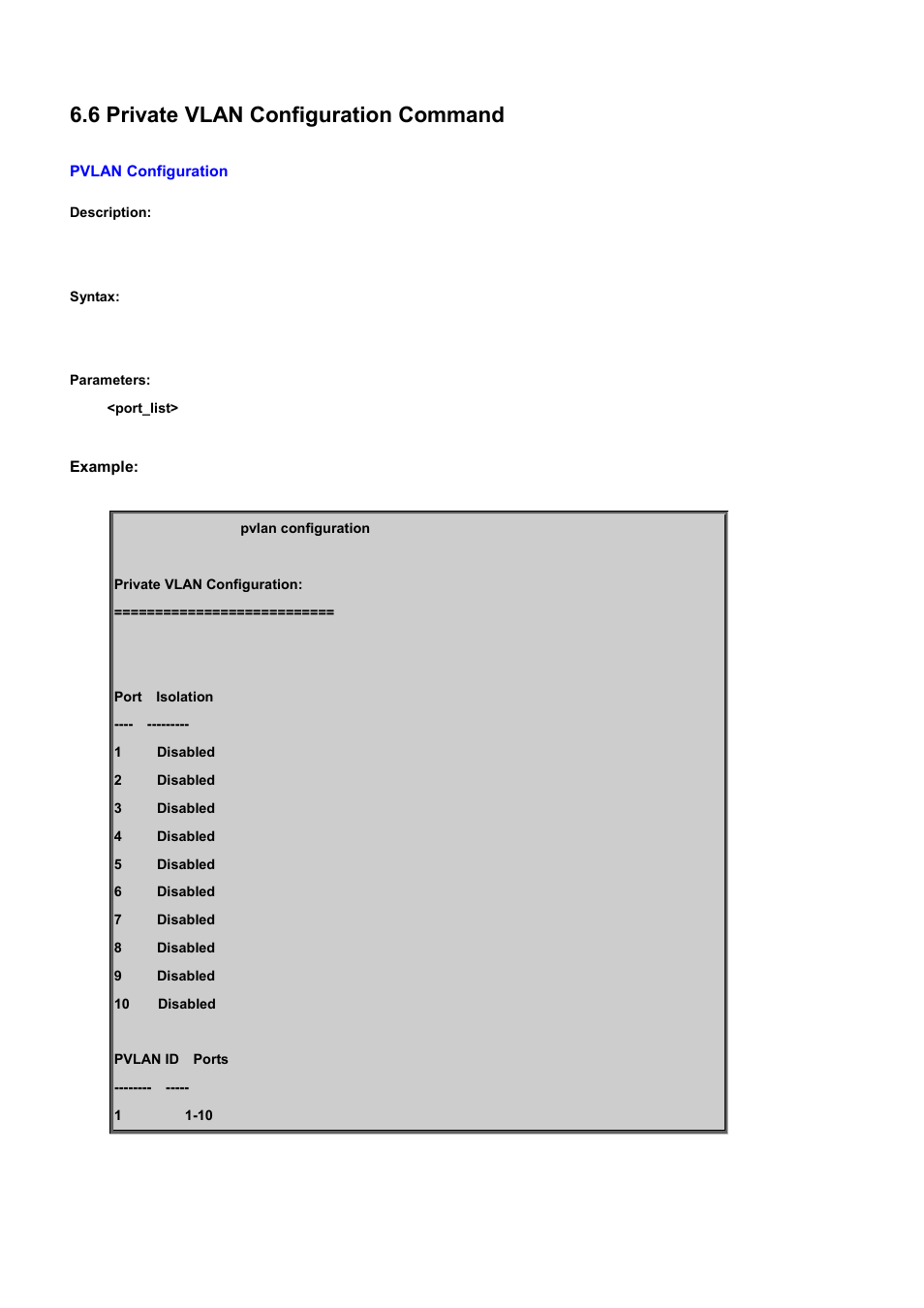 6 private vlan configuration command, Pvlan configuration | PLANET WGSD-10020 User Manual | Page 360 / 556