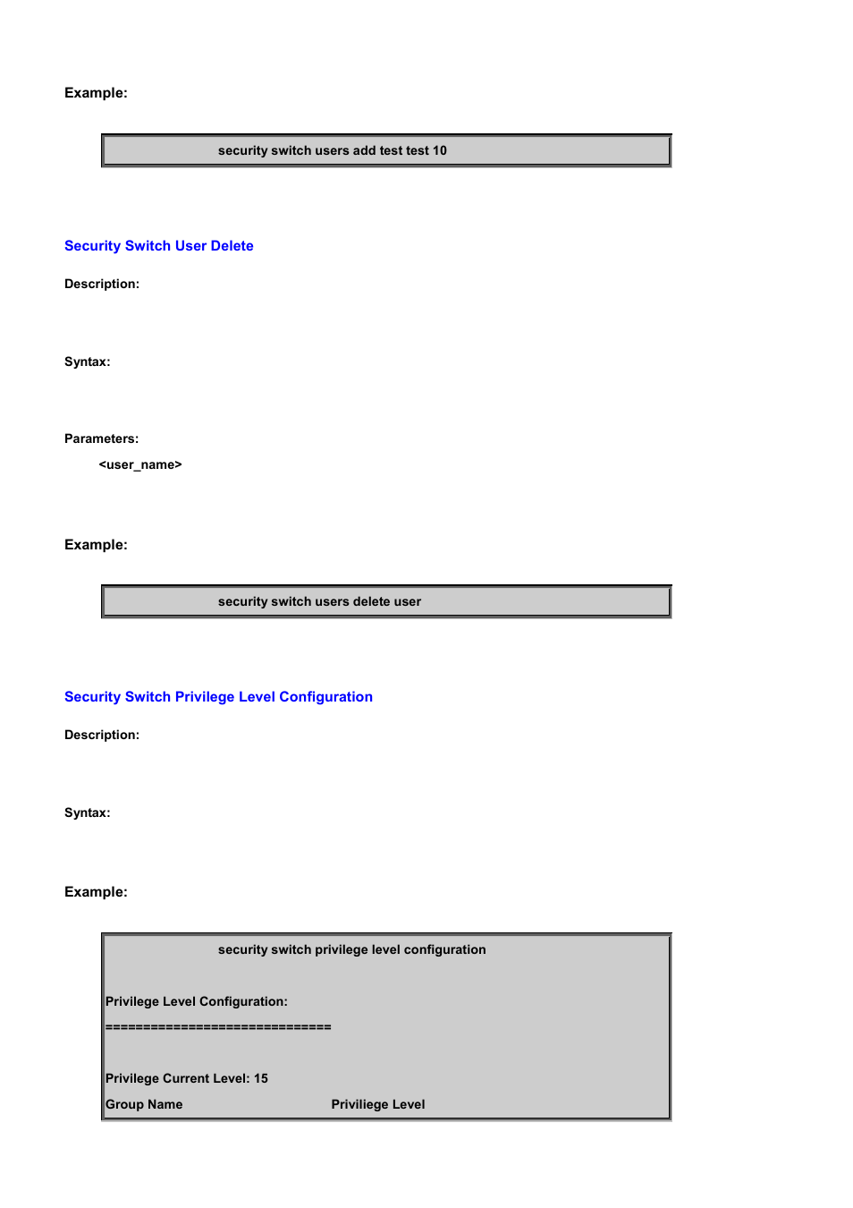 Security switch user delete, Security switch privilege level configuration | PLANET WGSD-10020 User Manual | Page 364 / 556