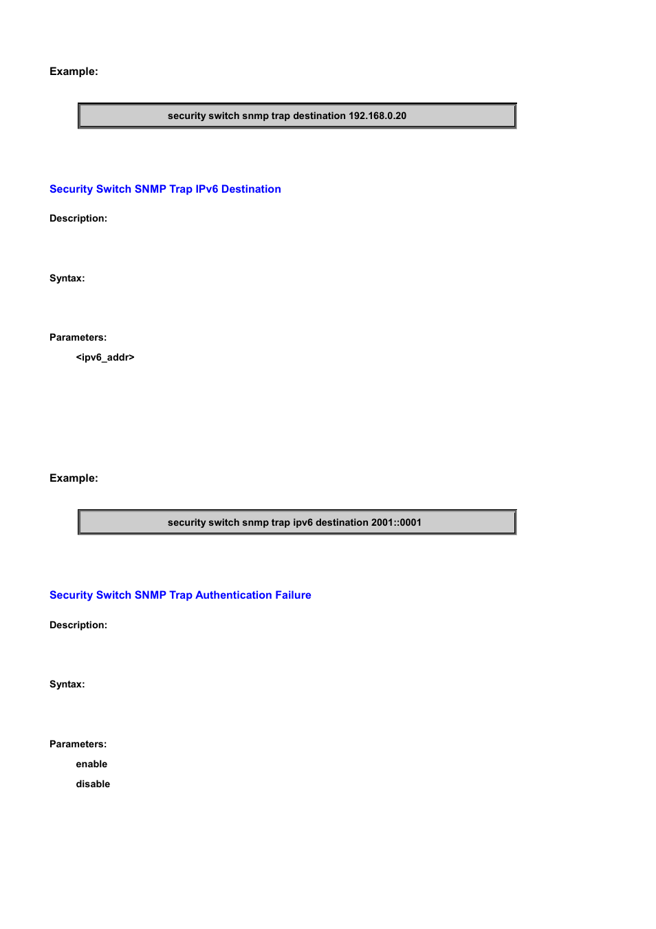 Security switch snmp trap ipv6 destination, Security switch snmp trap authentication failure | PLANET WGSD-10020 User Manual | Page 380 / 556