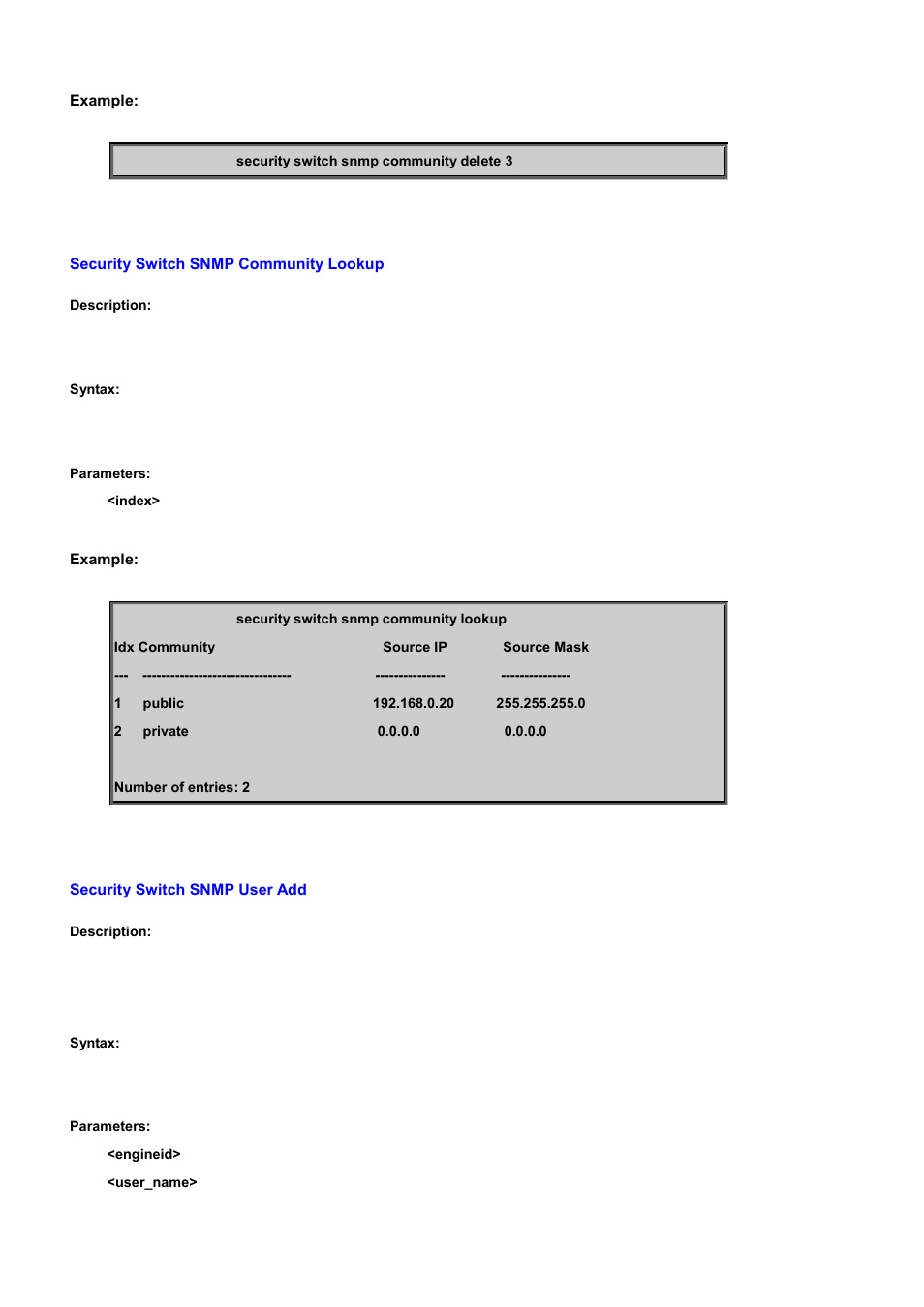 Security switch snmp community lookup, Security switch snmp user add | PLANET WGSD-10020 User Manual | Page 386 / 556