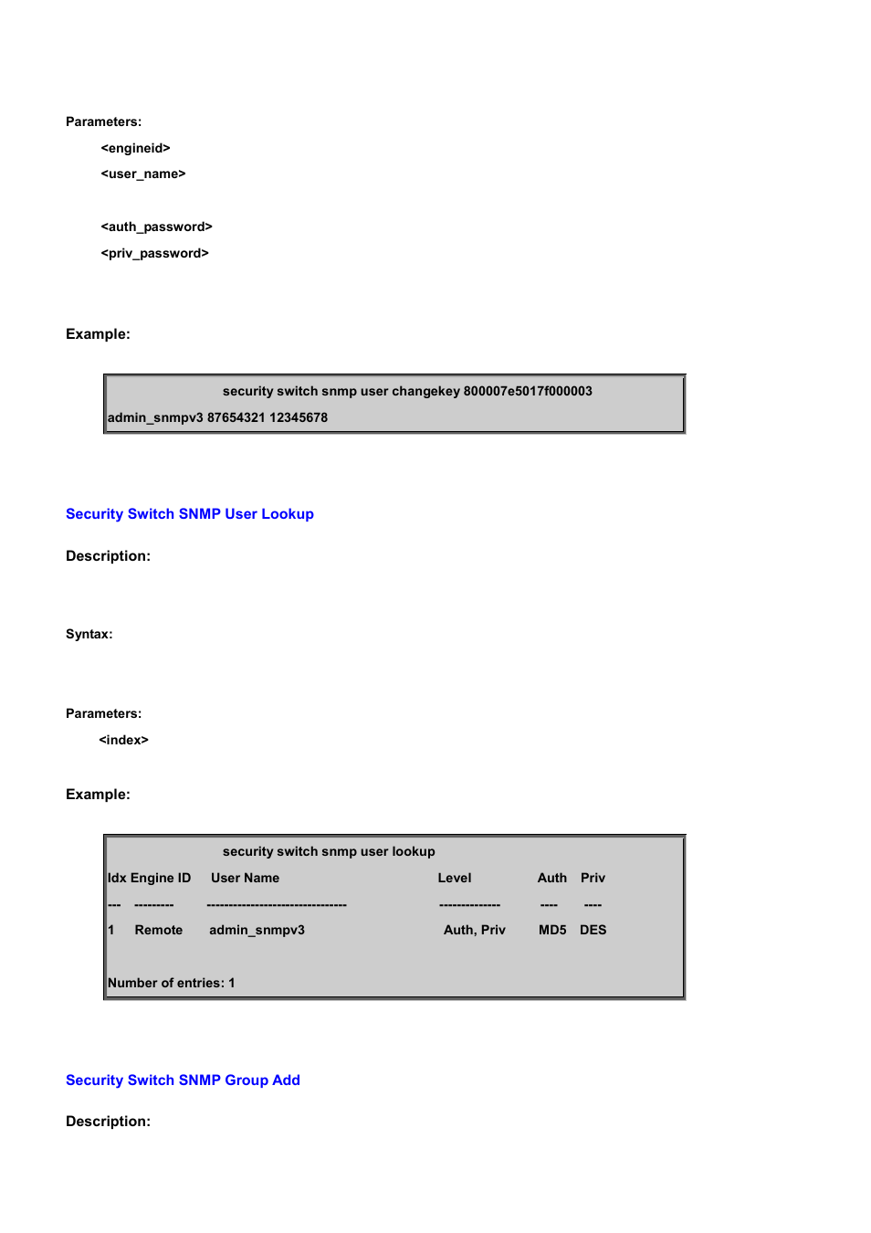 Security switch snmp user lookup, Security switch snmp group add | PLANET WGSD-10020 User Manual | Page 388 / 556
