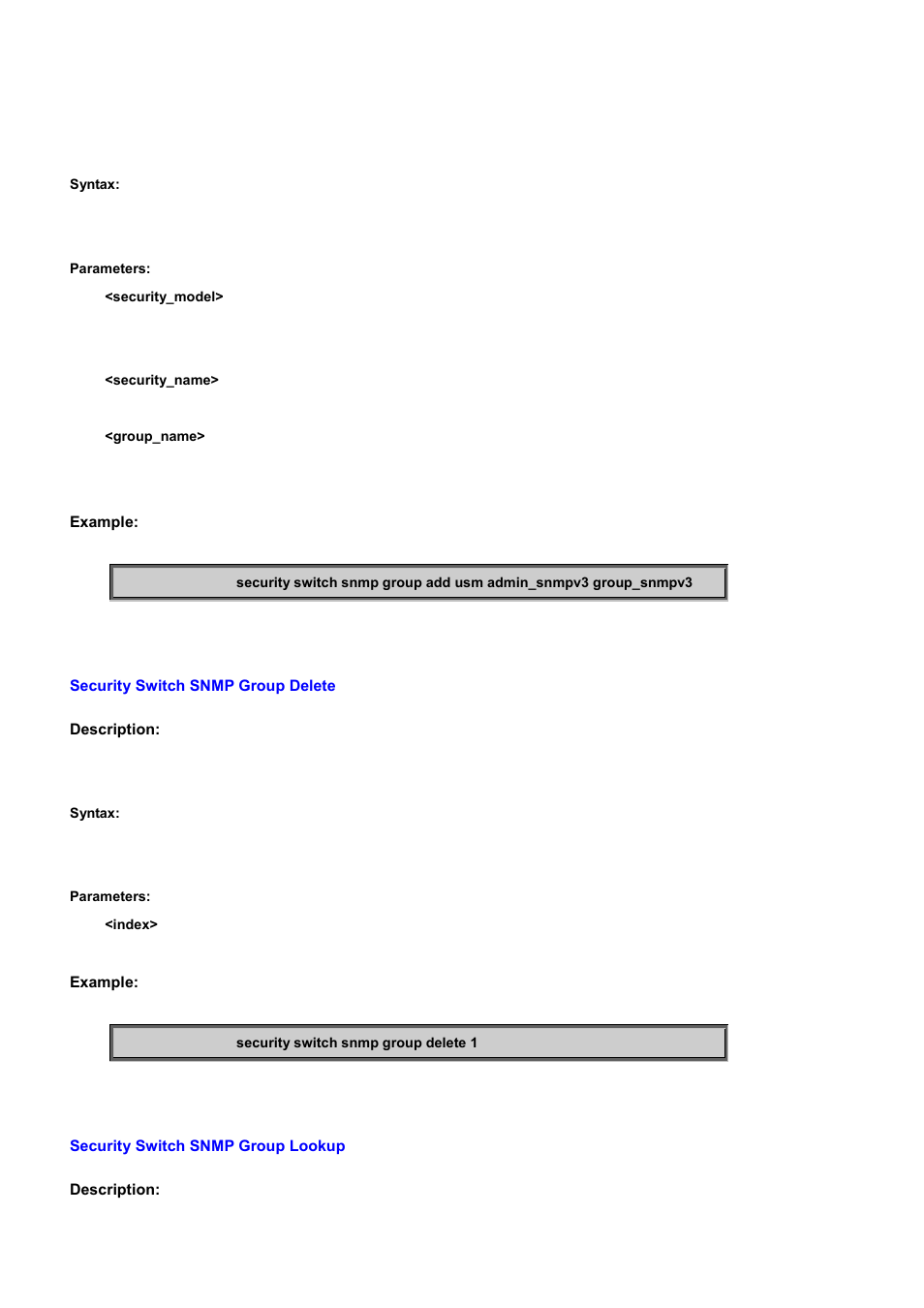 Security switch snmp group delete, Security switch snmp group lookup | PLANET WGSD-10020 User Manual | Page 389 / 556