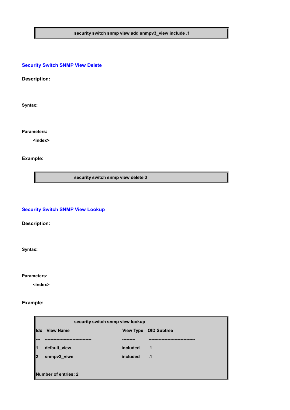 Security switch snmp view delete, Security switch snmp view lookup | PLANET WGSD-10020 User Manual | Page 391 / 556