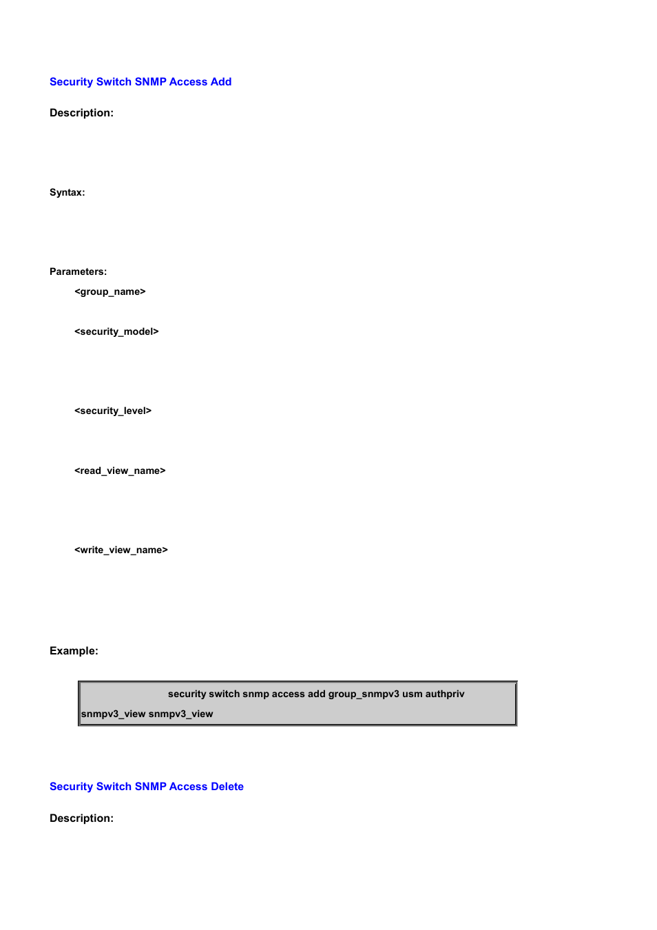 Security switch snmp access add, Security switch snmp access delete | PLANET WGSD-10020 User Manual | Page 392 / 556