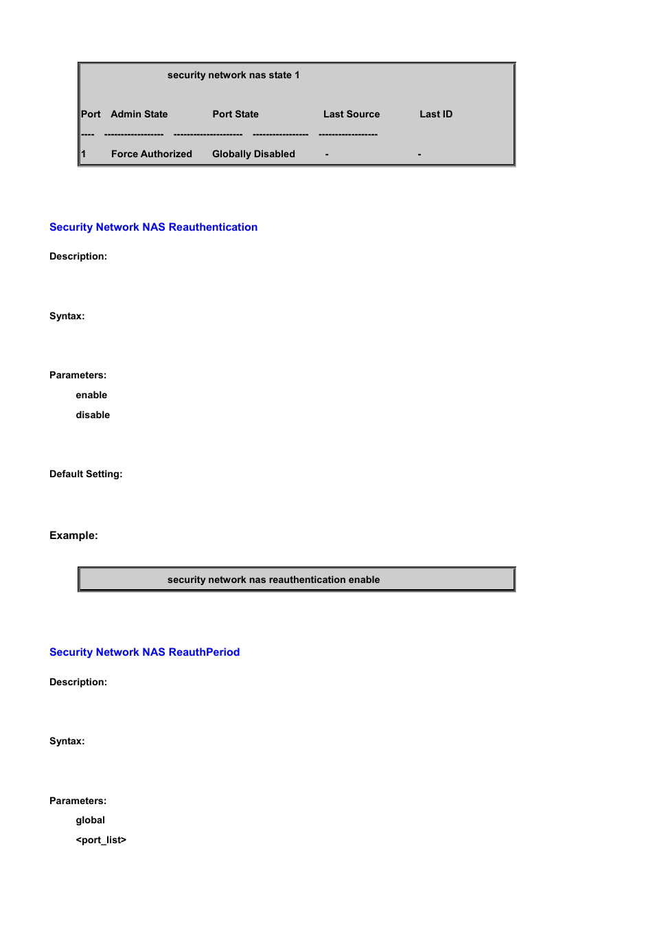 Security network nas reauthentication, Security network nas reauthperiod | PLANET WGSD-10020 User Manual | Page 402 / 556