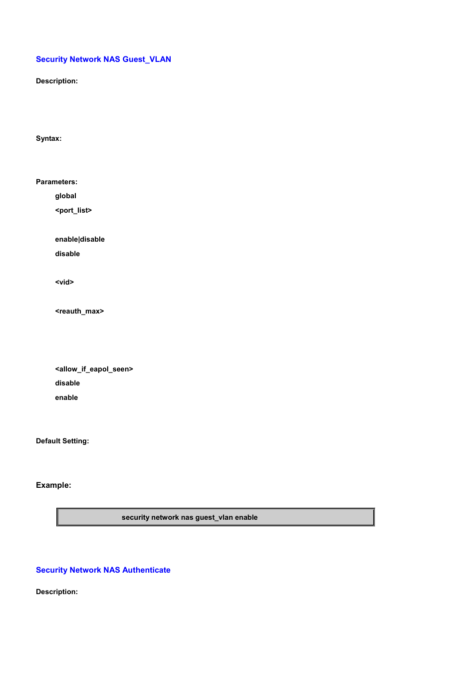 Security network nas guest_vlan, Security network nas authenticate | PLANET WGSD-10020 User Manual | Page 406 / 556