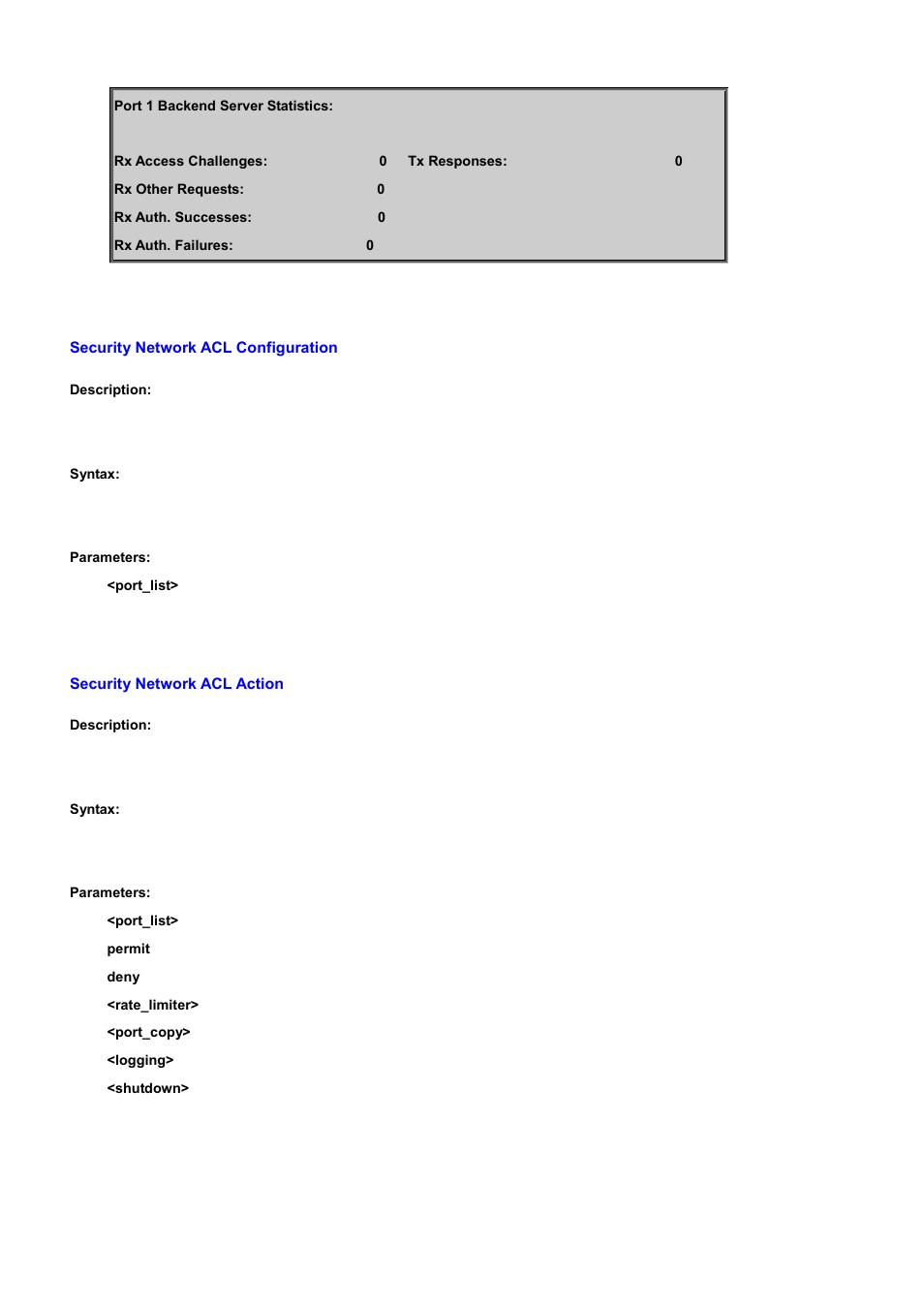 Security network acl configuration, Security network acl action | PLANET WGSD-10020 User Manual | Page 408 / 556