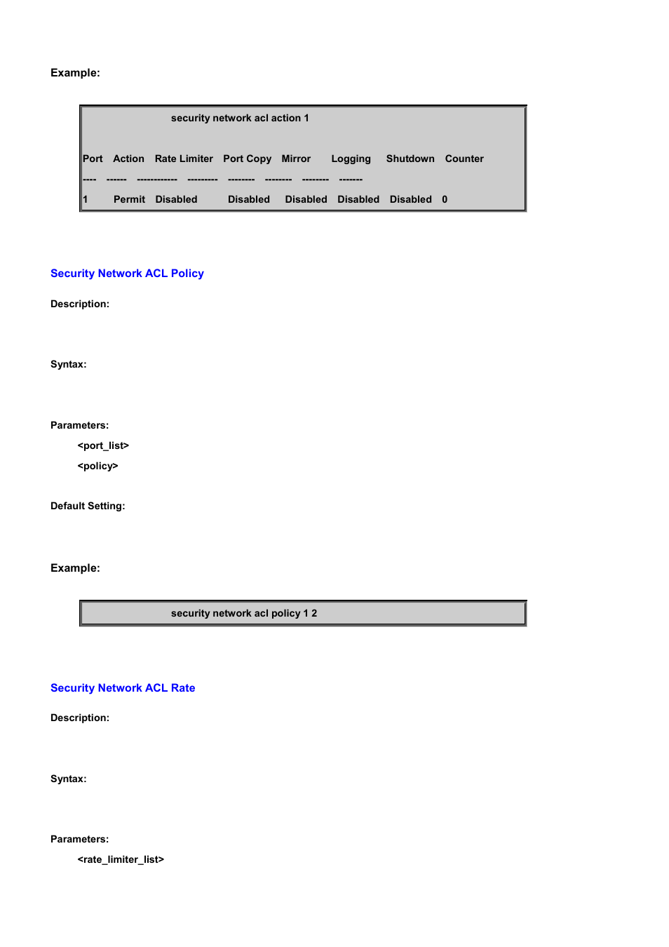 Security network acl policy, Security network acl rate | PLANET WGSD-10020 User Manual | Page 409 / 556