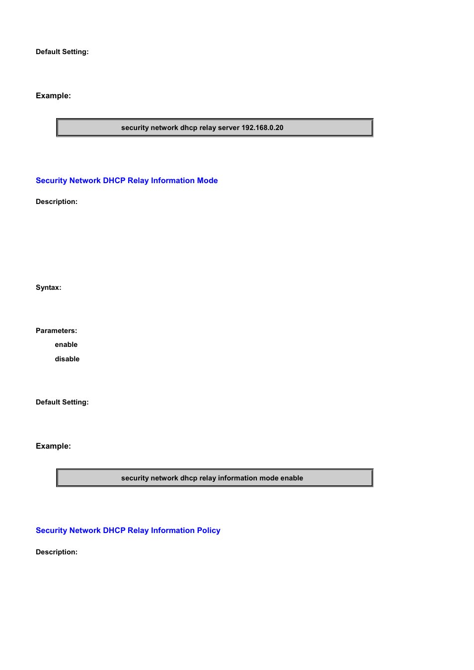 Security network dhcp relay information mode, Security network dhcp relay information policy | PLANET WGSD-10020 User Manual | Page 415 / 556