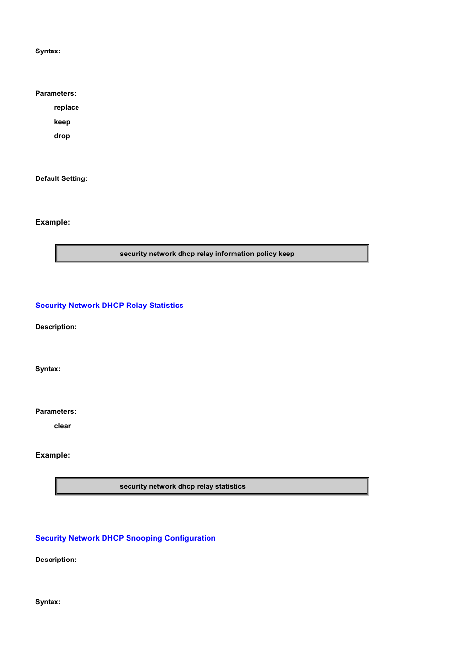 Security network dhcp relay statistics, Security network dhcp snooping configuration | PLANET WGSD-10020 User Manual | Page 416 / 556