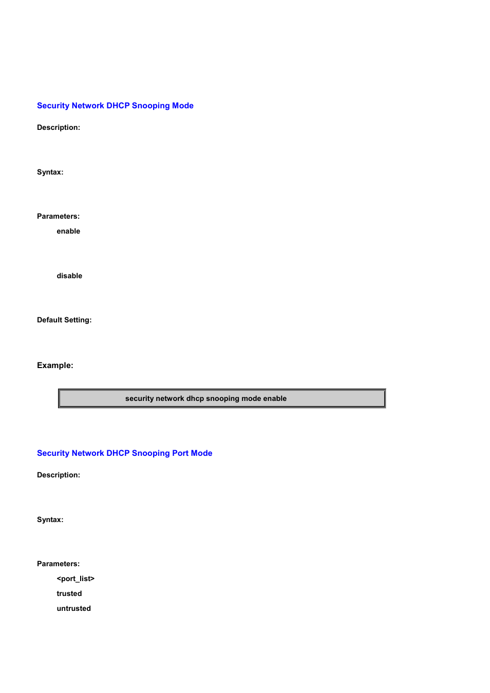 Security network dhcp snooping mode, Security network dhcp snooping port mode | PLANET WGSD-10020 User Manual | Page 417 / 556