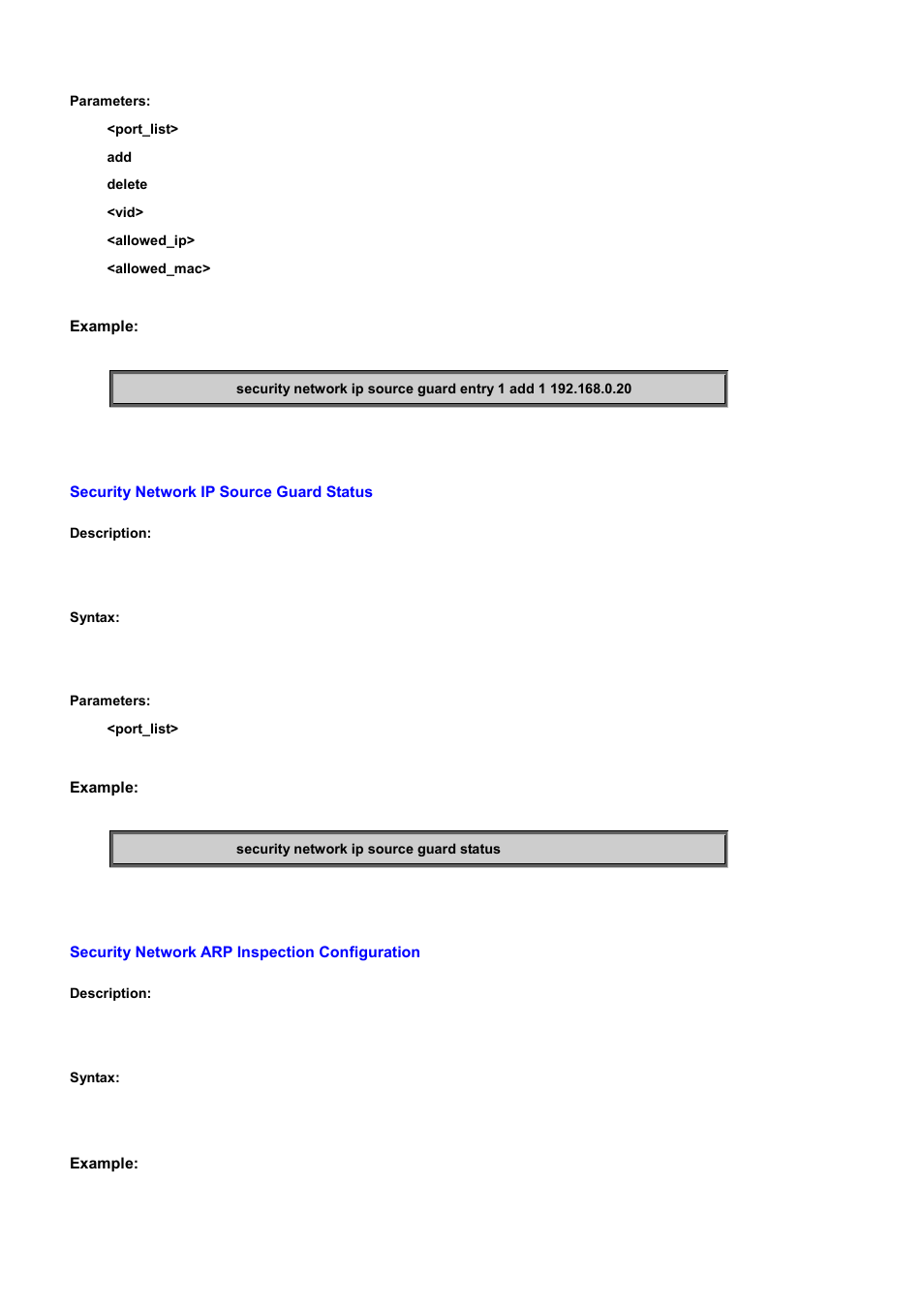 Security network ip source guard status, Security network arp inspection configuration | PLANET WGSD-10020 User Manual | Page 421 / 556