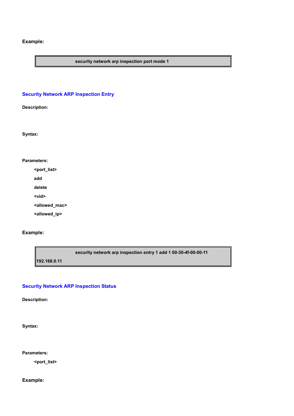 Security network arp inspection entry, Security network arp inspection status | PLANET WGSD-10020 User Manual | Page 423 / 556