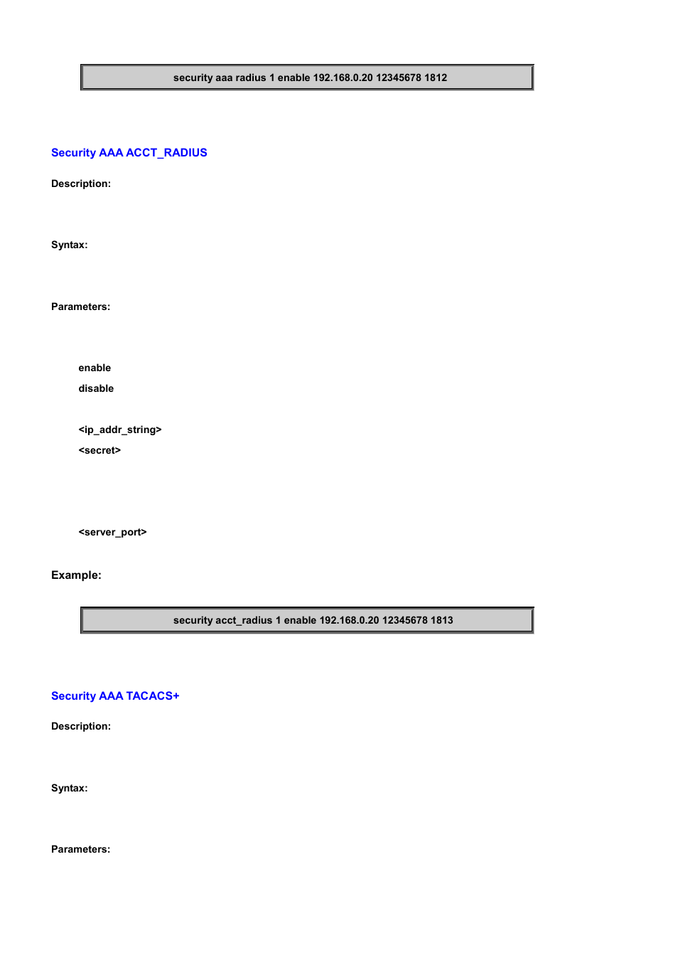 Security aaa acct_radius, Security aaa tacacs | PLANET WGSD-10020 User Manual | Page 427 / 556