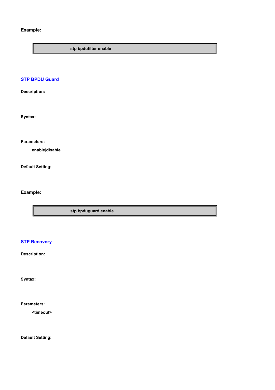 Stp bpdu guard, Stp recovery | PLANET WGSD-10020 User Manual | Page 433 / 556