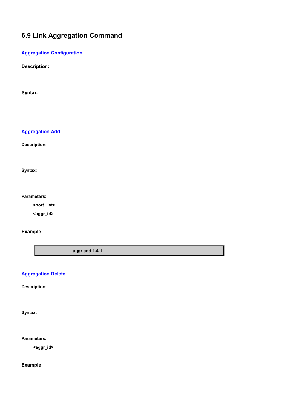 9 link aggregation command, Aggregation configuration, Aggregation add | Aggregation delete | PLANET WGSD-10020 User Manual | Page 444 / 556
