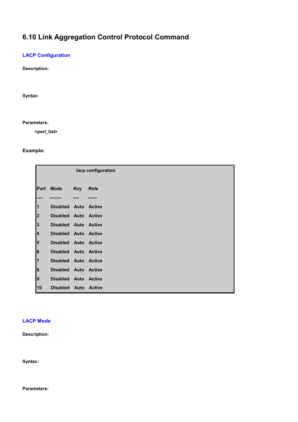 10 link aggregation control protocol command, Lacp configuration, Lacp mode | PLANET WGSD-10020 User Manual | Page 447 / 556