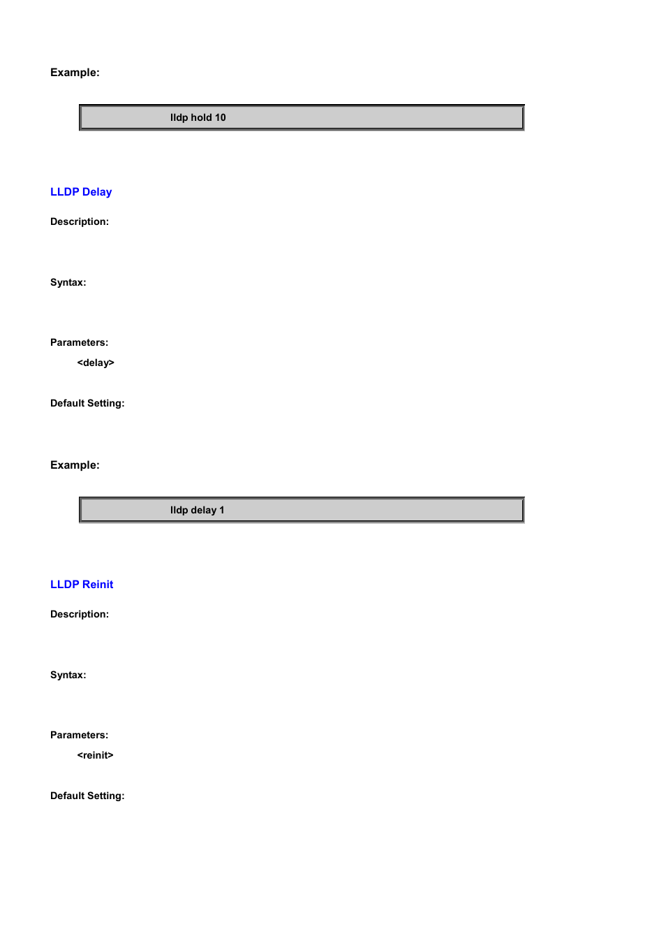 Lldp delay, Lldp reinit | PLANET WGSD-10020 User Manual | Page 454 / 556