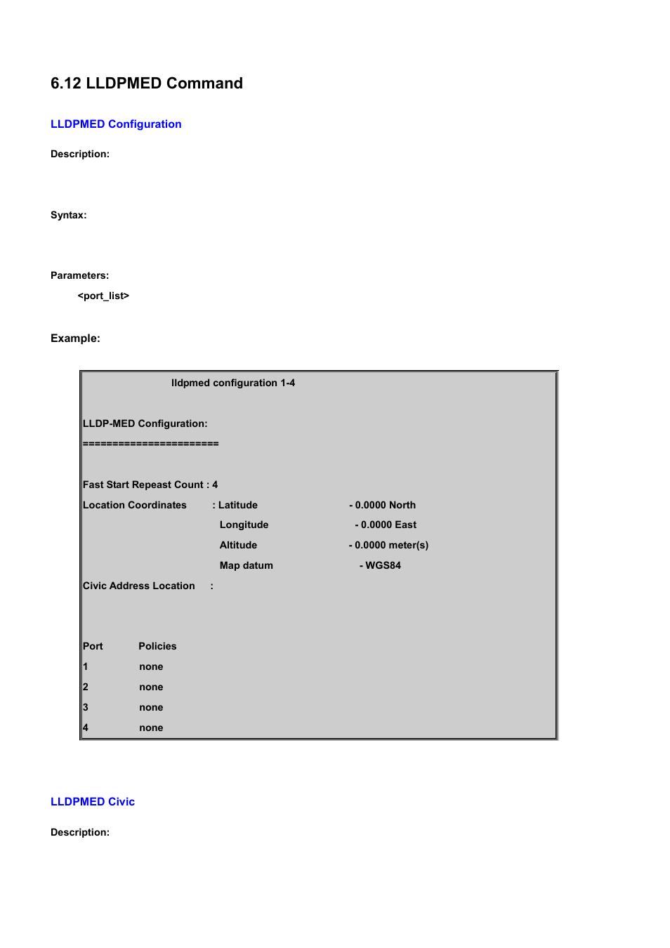 12 lldpmed command, Lldpmed configuration, Lldpmed civic | PLANET WGSD-10020 User Manual | Page 457 / 556