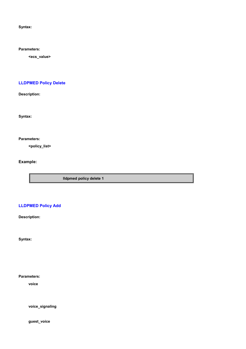 Lldpmed policy delete, Lldpmed policy add | PLANET WGSD-10020 User Manual | Page 459 / 556