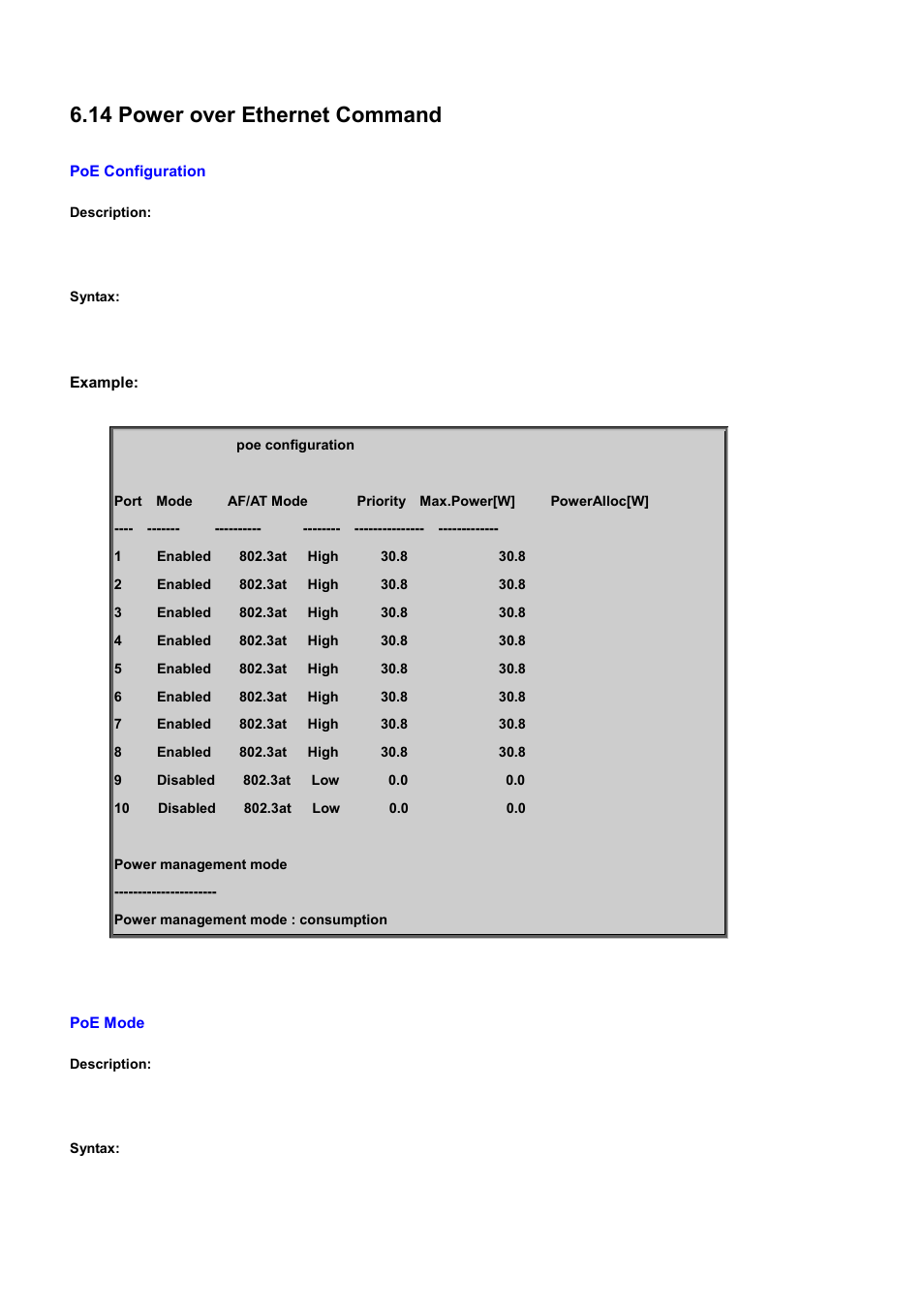 14 power over ethernet command, Poe configuration, Poe mode | PLANET WGSD-10020 User Manual | Page 465 / 556
