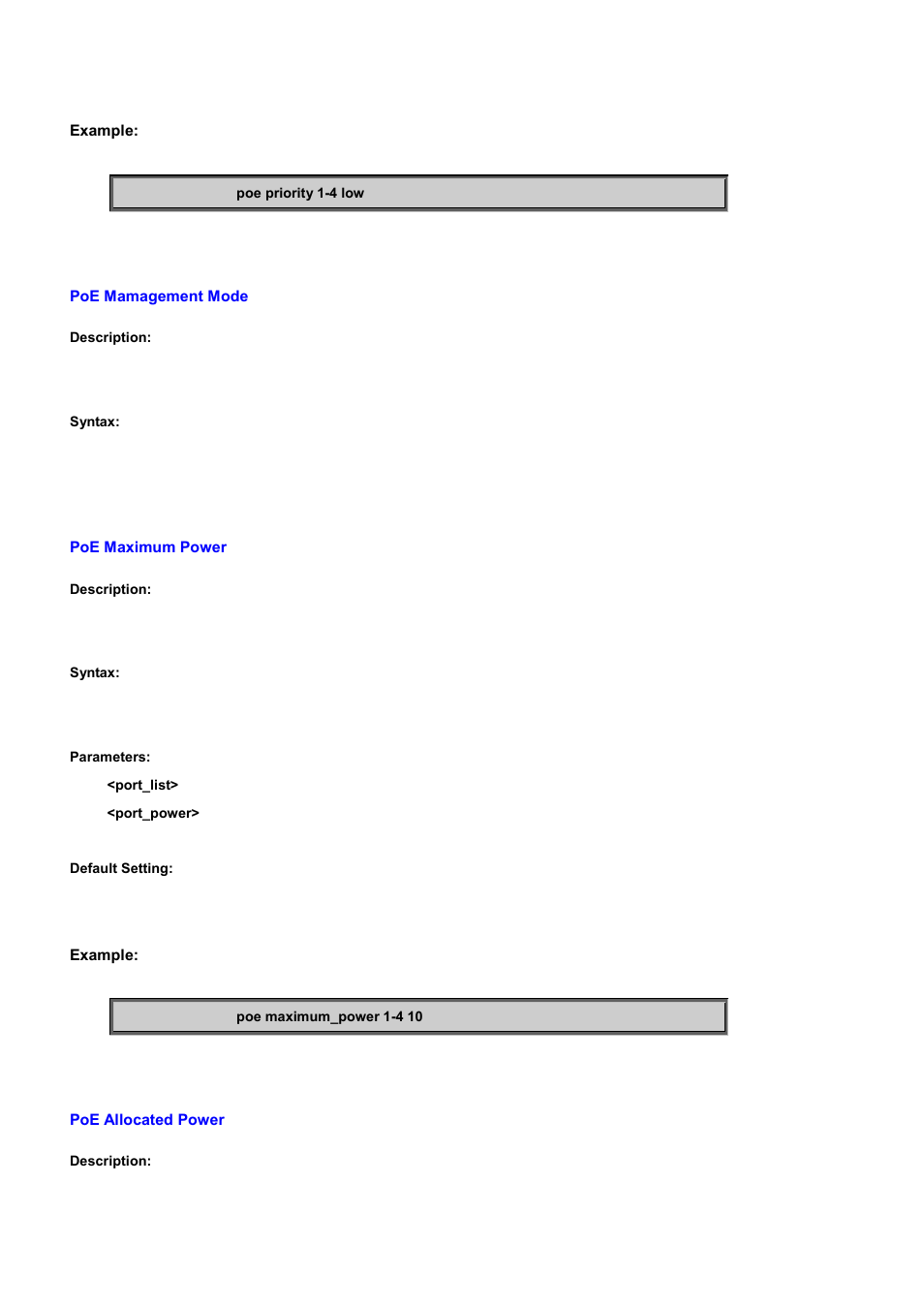 Poe mamagement mode, Poe maximum power, Poe allocated power | PLANET WGSD-10020 User Manual | Page 467 / 556