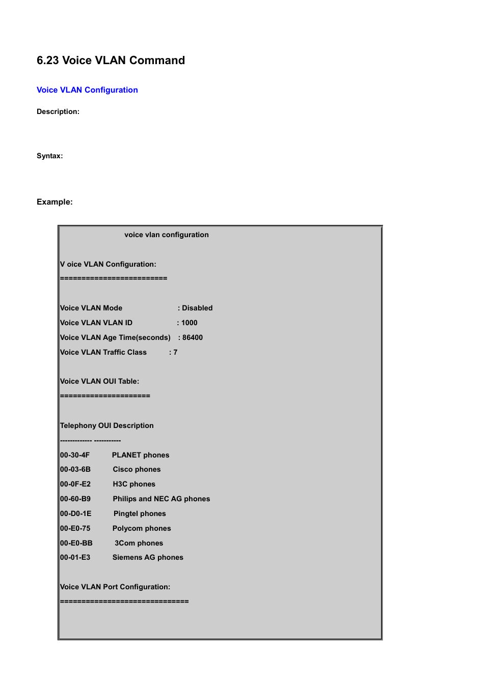 23 voice vlan command, Voice vlan configuration | PLANET WGSD-10020 User Manual | Page 504 / 556
