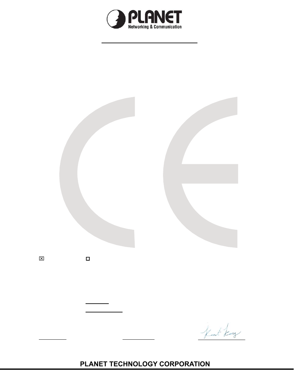 Ec declaration of conformity, Planet technology corporation | PLANET WGSD-10020 User Manual | Page 556 / 556