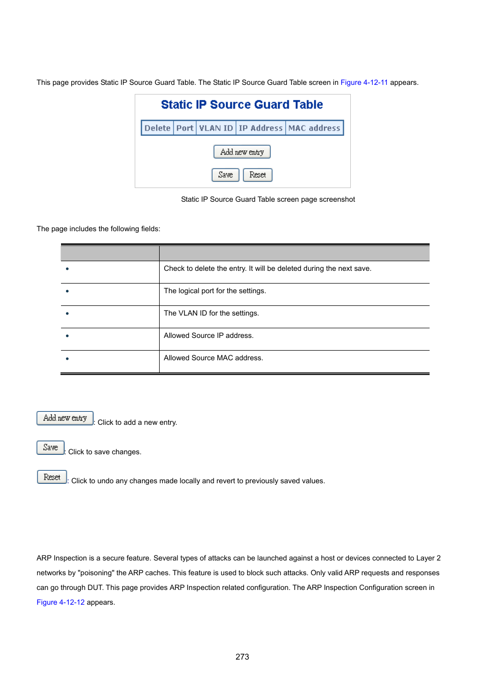 11 ip source guard static table, 12 arp inspection | PLANET WGSD-10020 User Manual | Page 273 / 557