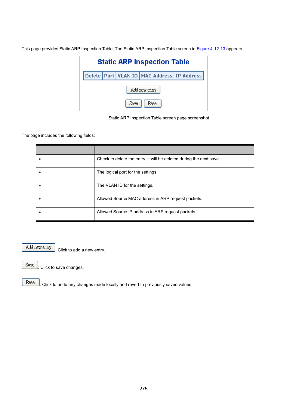 13 arp inspection static table | PLANET WGSD-10020 User Manual | Page 275 / 557