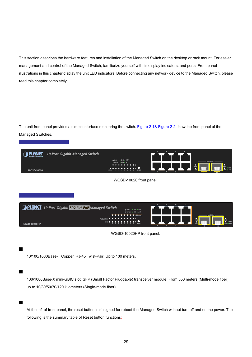 Installation, 1 hardware description, 1 switch front panel | PLANET WGSD-10020 User Manual | Page 29 / 557