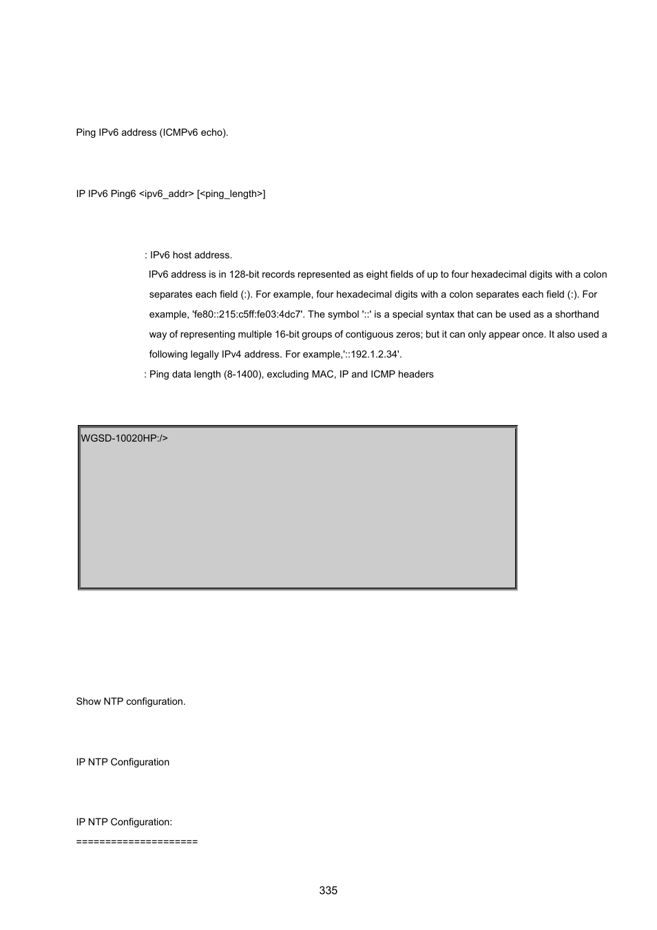 Ipv6 ping, Ip ntp configuration | PLANET WGSD-10020 User Manual | Page 335 / 557